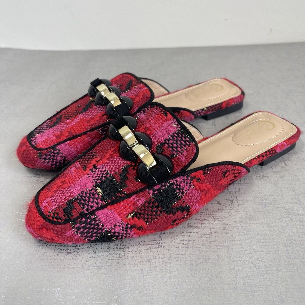 C Comfort‎ Tweed Flat Mules Loafers Red Pink Gold Chain 8 M Dressy Preppy Shoes
